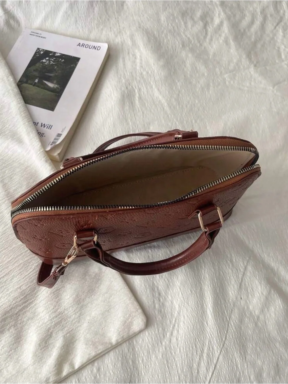Brown Embossed Top-Handle Women's Medium Handbag Bag